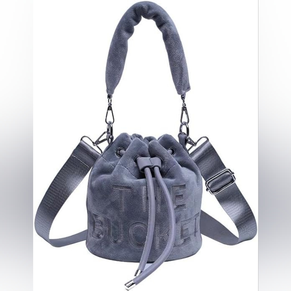 Beautiful Gray Velour Bucket Handbag